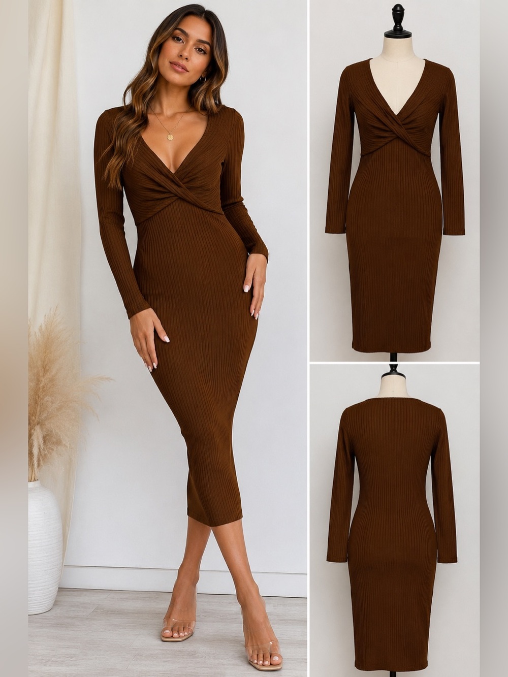 Fall Fashion - Brown Ribbed Twist Front Bodycon maxi Fall Dress NWT Size Medium